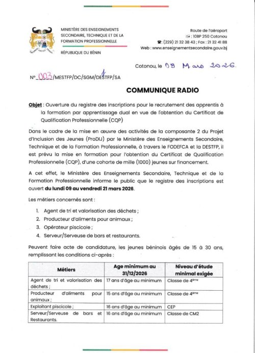 Le Ministère de l'Enseignement technique recrute 1000jeunes pour une formation qualifiante : TALENT MAP vous accompagne à travers l'orientation sur le choix de la formation et votre préparation pour la sélection